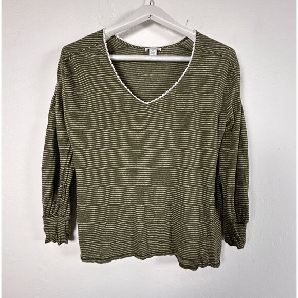 Sundance Womens Olive Green Striped Linen V-Neck Long Sleeve Top Medium Casual - Picture 1 of 8